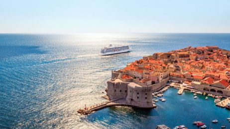 A Viking cruise ship sitting off the coast of Dubrovnik